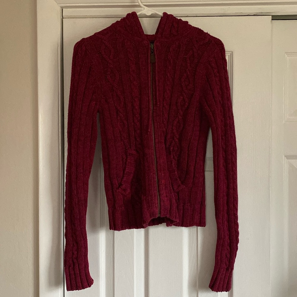 Red Cable Knit Zip-Up Sweater
